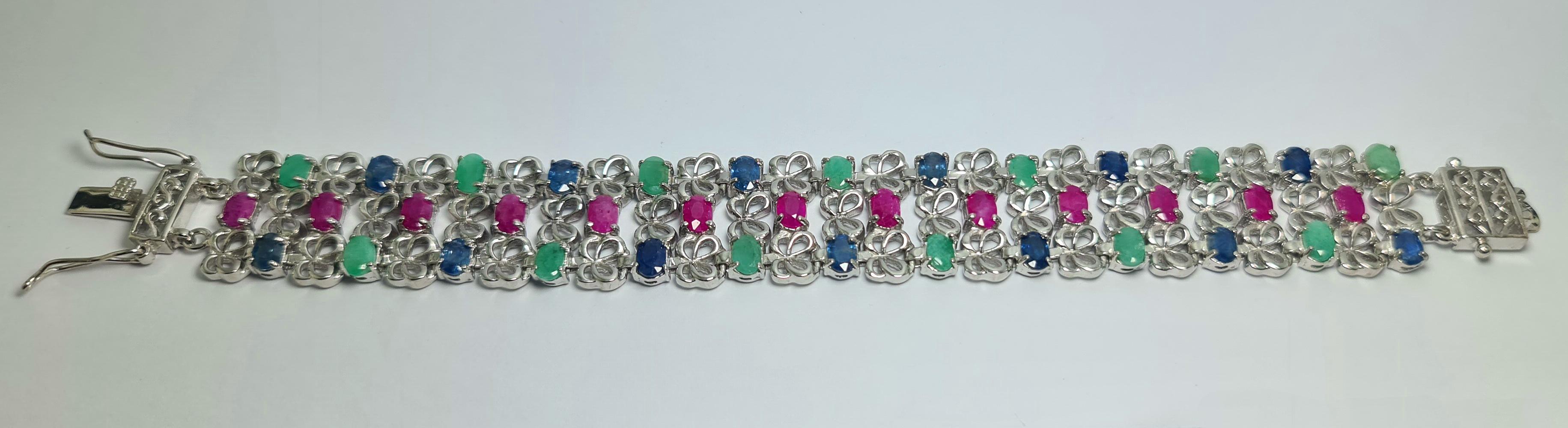 Natural Untreated Sapphire Ruby Emerald Sterling Silver Rhodium Plated Bracelet  In New Condition For Sale In Los Angeles, CA