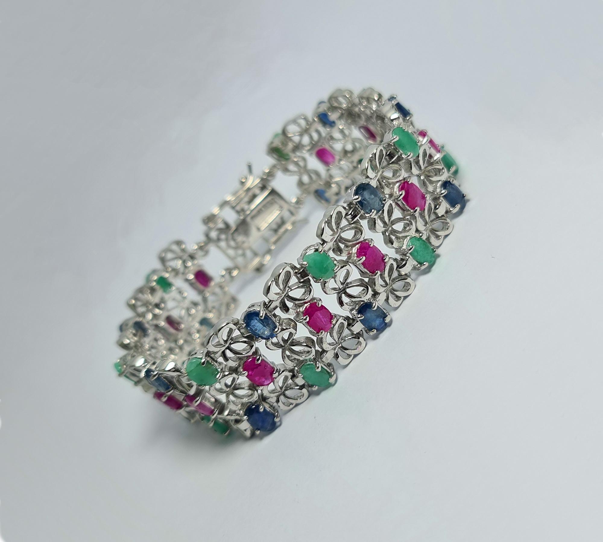 Women's Natural Untreated Sapphire Ruby Emerald Sterling Silver Rhodium Plated Bracelet  For Sale