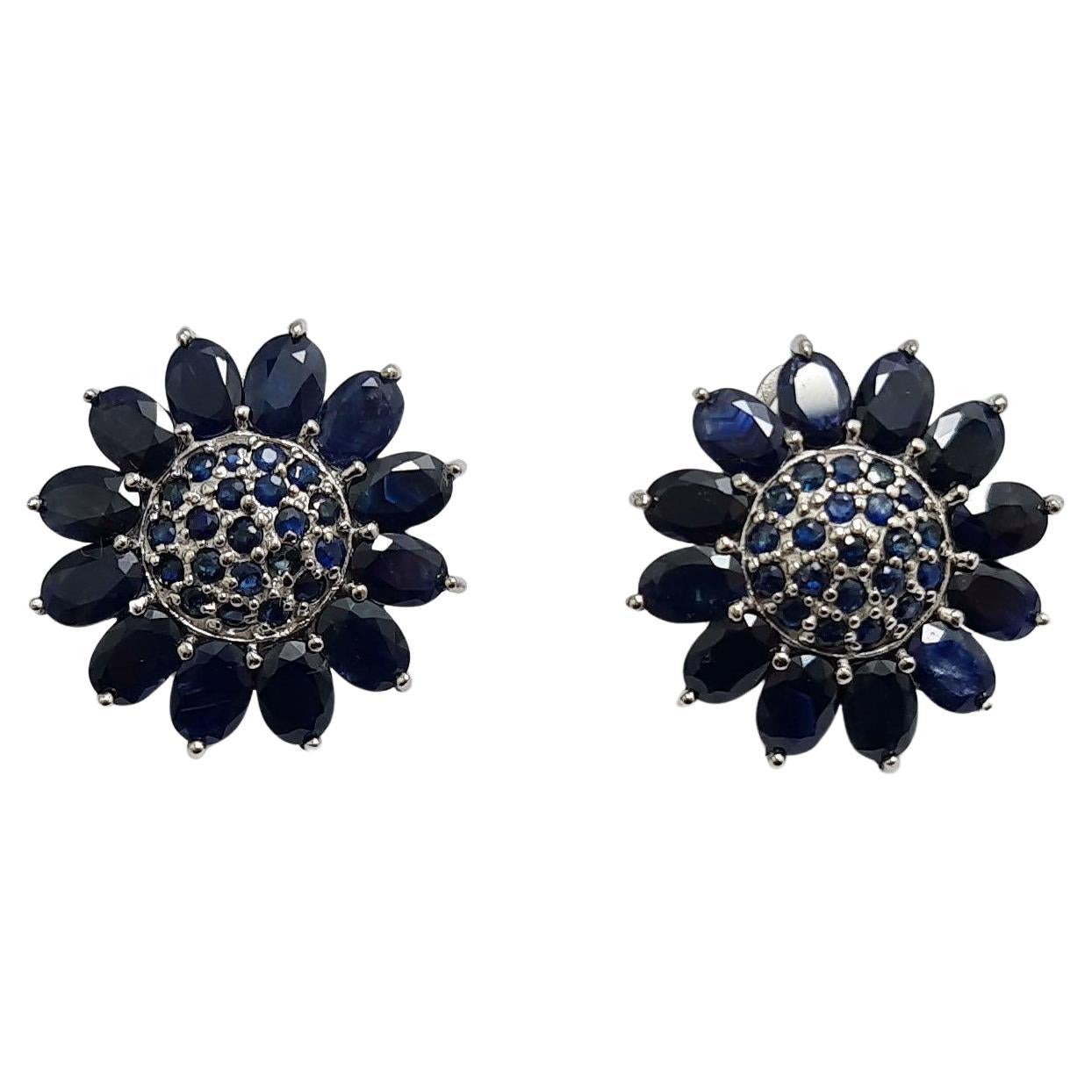 Natural Untreated Sapphire Sun Flower Sterling Silver Rhodium Plated Earrings  For Sale