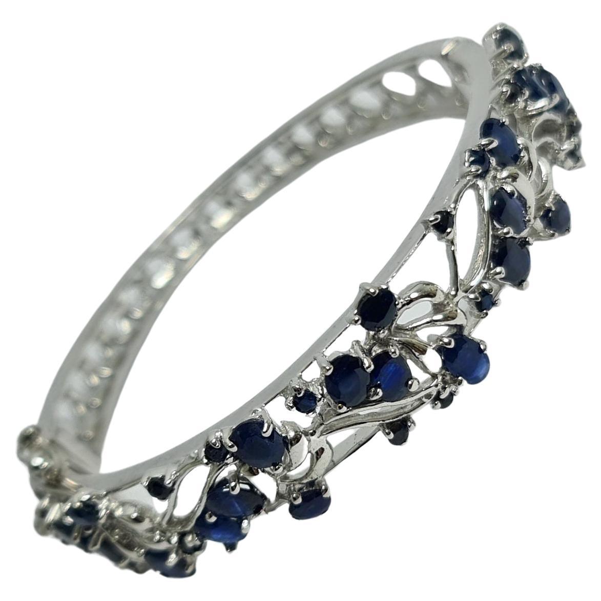 Natural Untreated Thai Blue Sapphire 925 Sterling Silver Rhodium Bangle For Sale