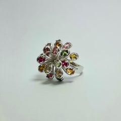 Natural Untreated Tourmaline Firework .925 Sterling Silver Rhodium Plated Rin