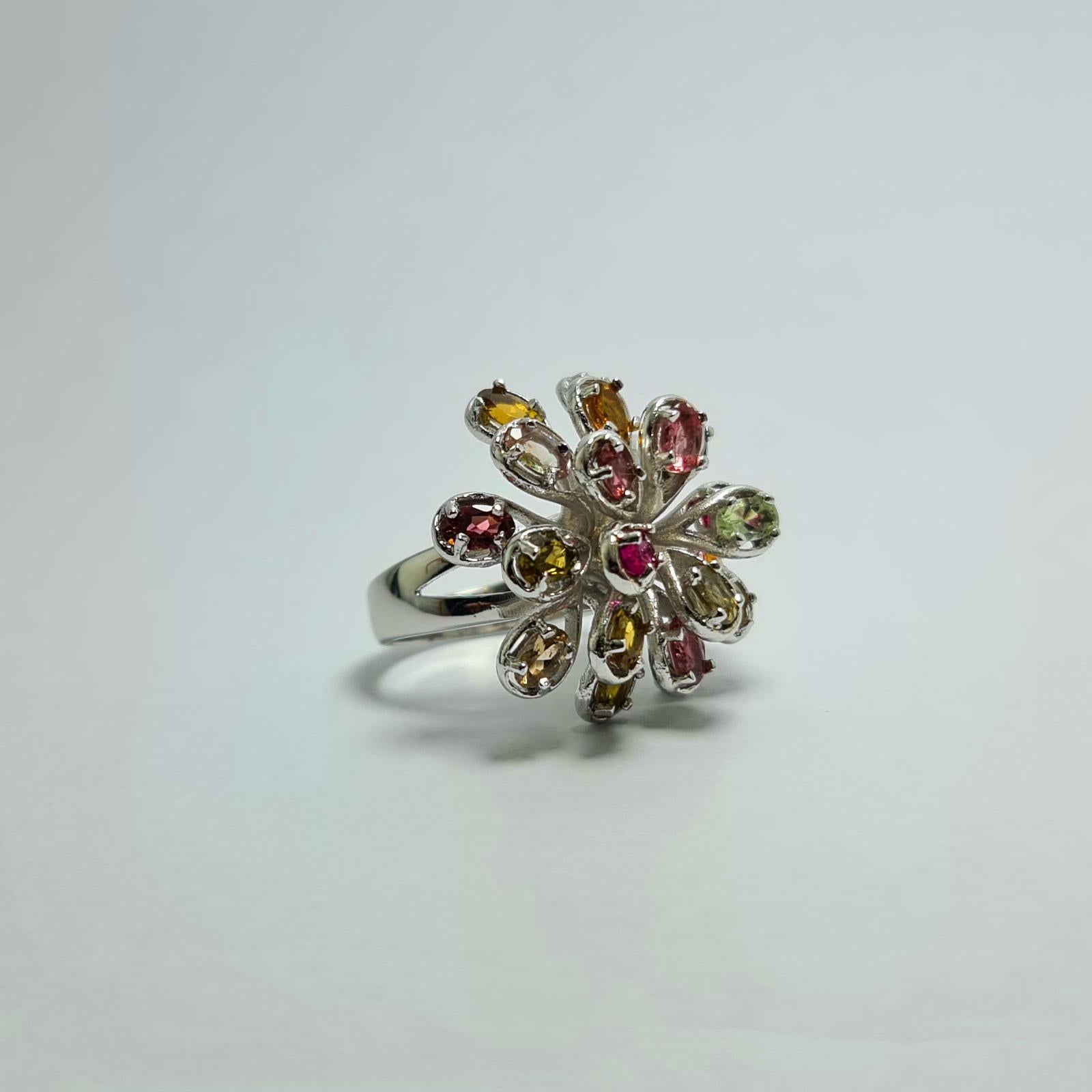Modern Natural Untreated Tourmaline Firework .925 Sterling Silver Rhodium Plated Rin For Sale