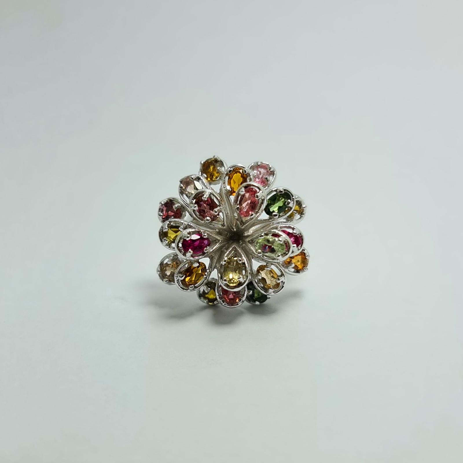 Natural Untreated Tourmaline Firework .925 Sterling Silver Rhodium Plated Rin For Sale 1