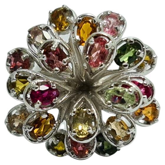 Natural Untreated Tourmaline Firework .925 Sterling Silver Rhodium Plated Rin For Sale