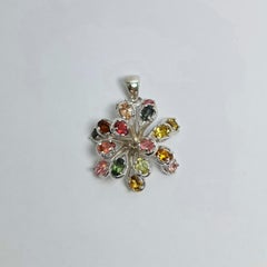 Natural Untreated Tourmaline Firework Burst .925 Sterling Silver Rhodium Pendant