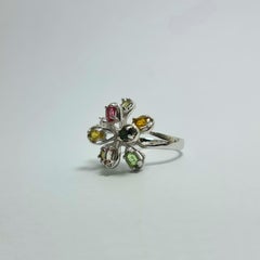 Natural Untreated Tourmaline Mini Firework Burst Sterling Silver Rhodium Ring