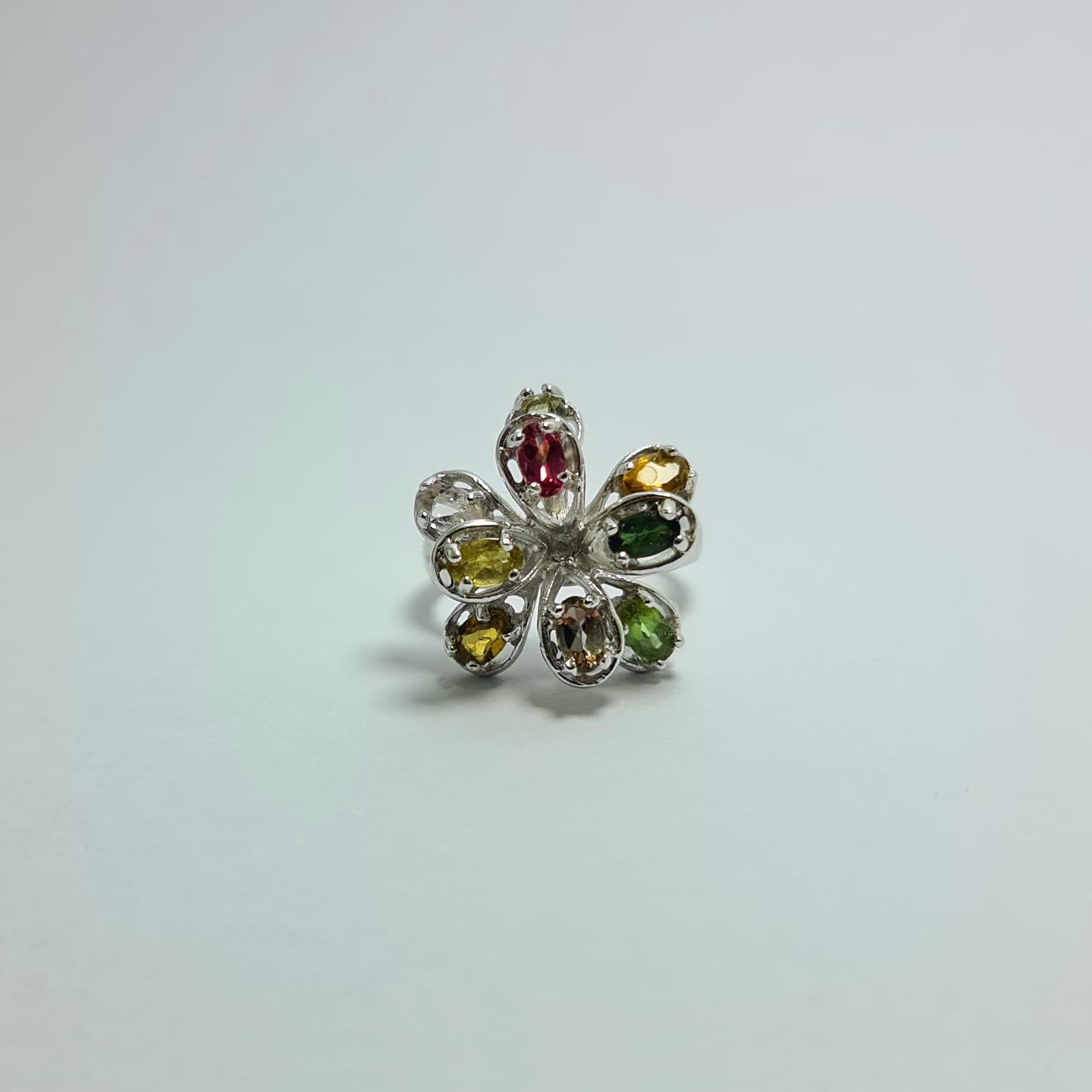 Women's or Men's Natural Untreated Tourmaline Mini Firework Burst Sterling Silver Rhodium Ring For Sale