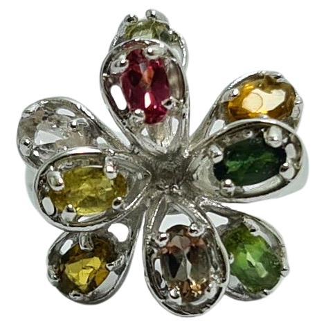 Natural Untreated Tourmaline Mini Firework Burst Sterling Silver Rhodium Ring For Sale