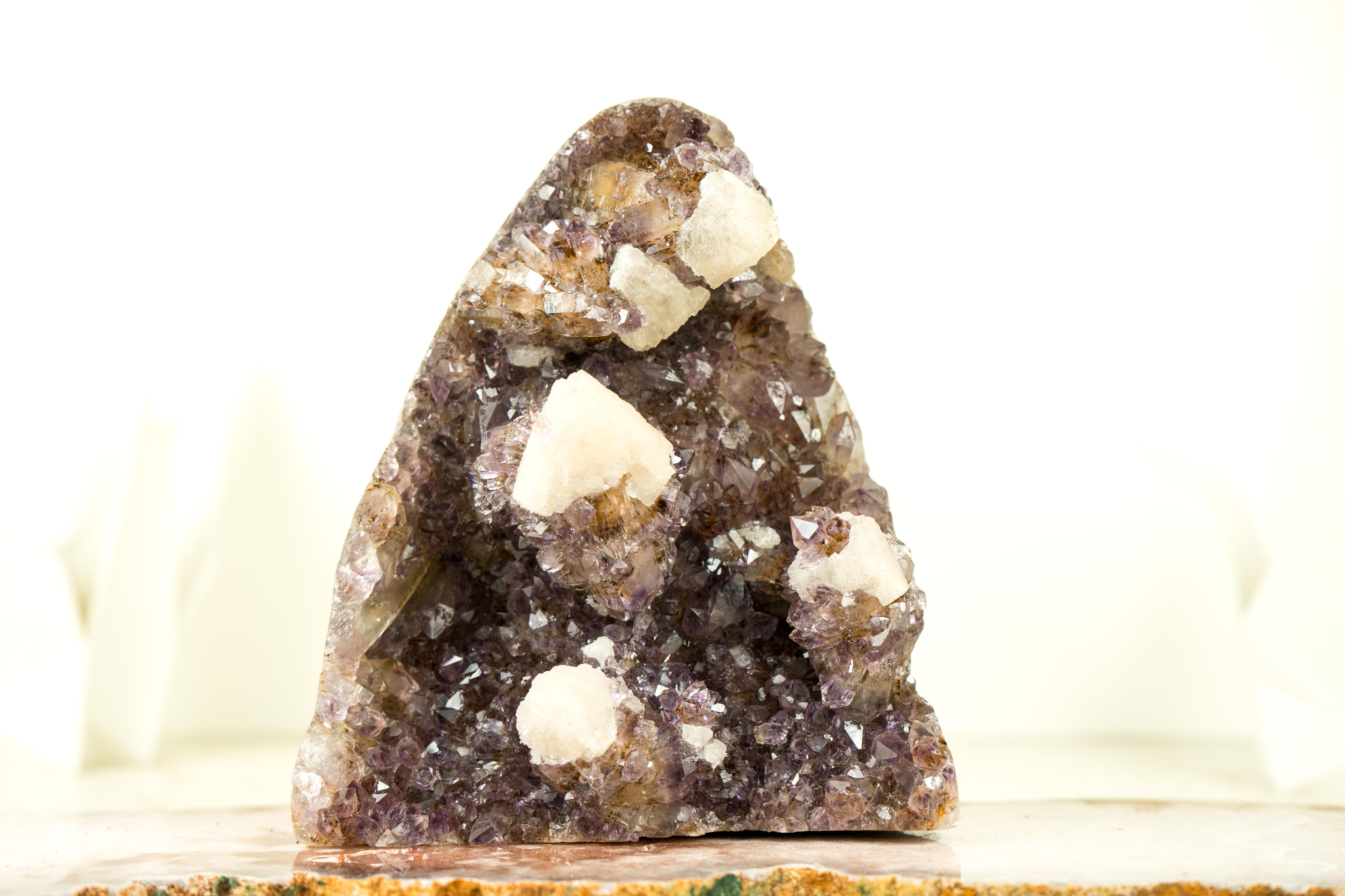 Stunning Uruguayan Amethyst Cluster with Calcite

▫️ Description

An Amethyst cluster showcases a beautiful formation of geometrical Calcite, accompanied by a luxurious lavender shade of purple. This Amethyst with Calcite specimen should be