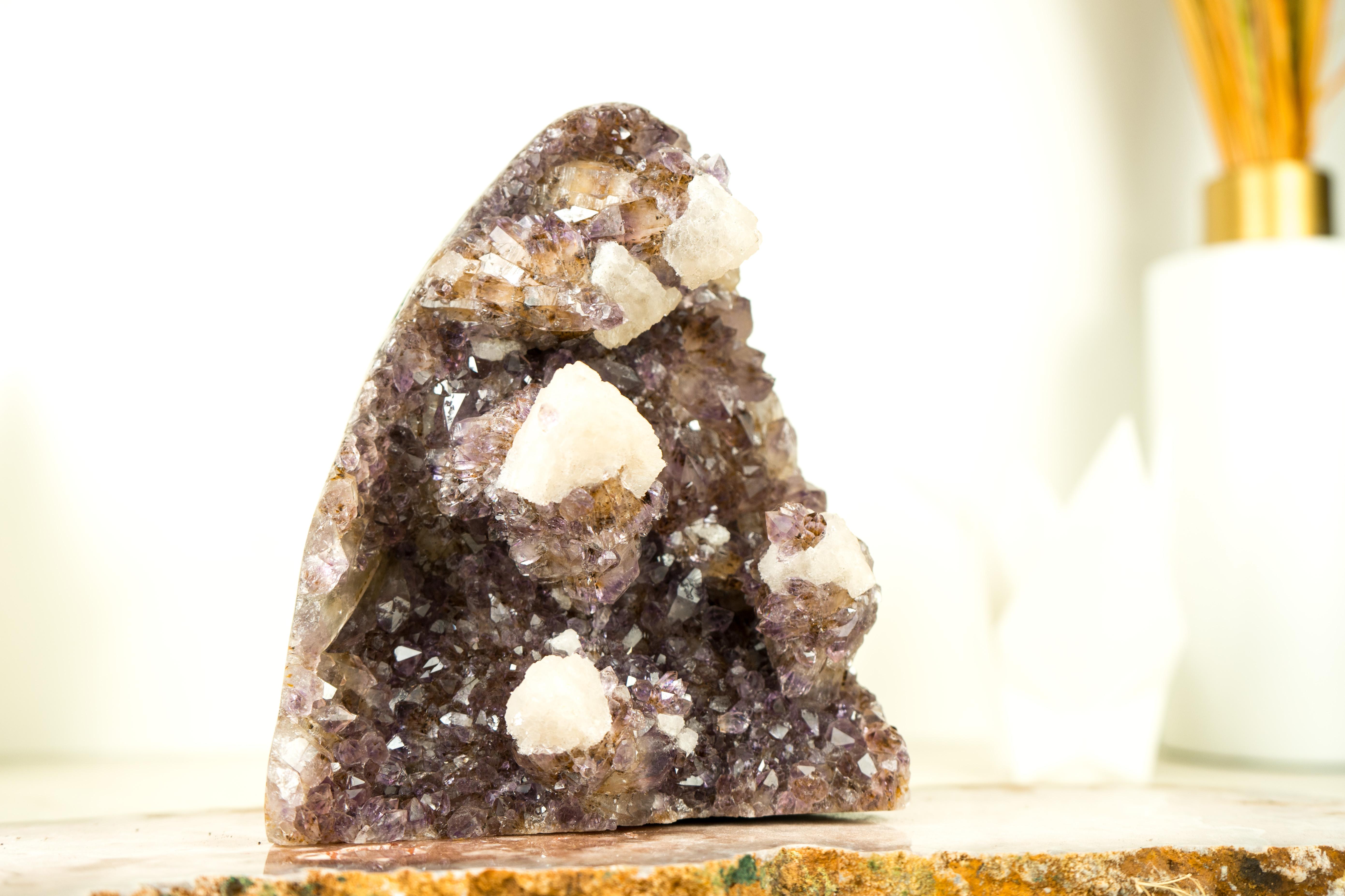 Brazilian Natural Uruguayan Amethyst Crystal Cluster with Calcite, Cut Base, Hand Sculpted For Sale