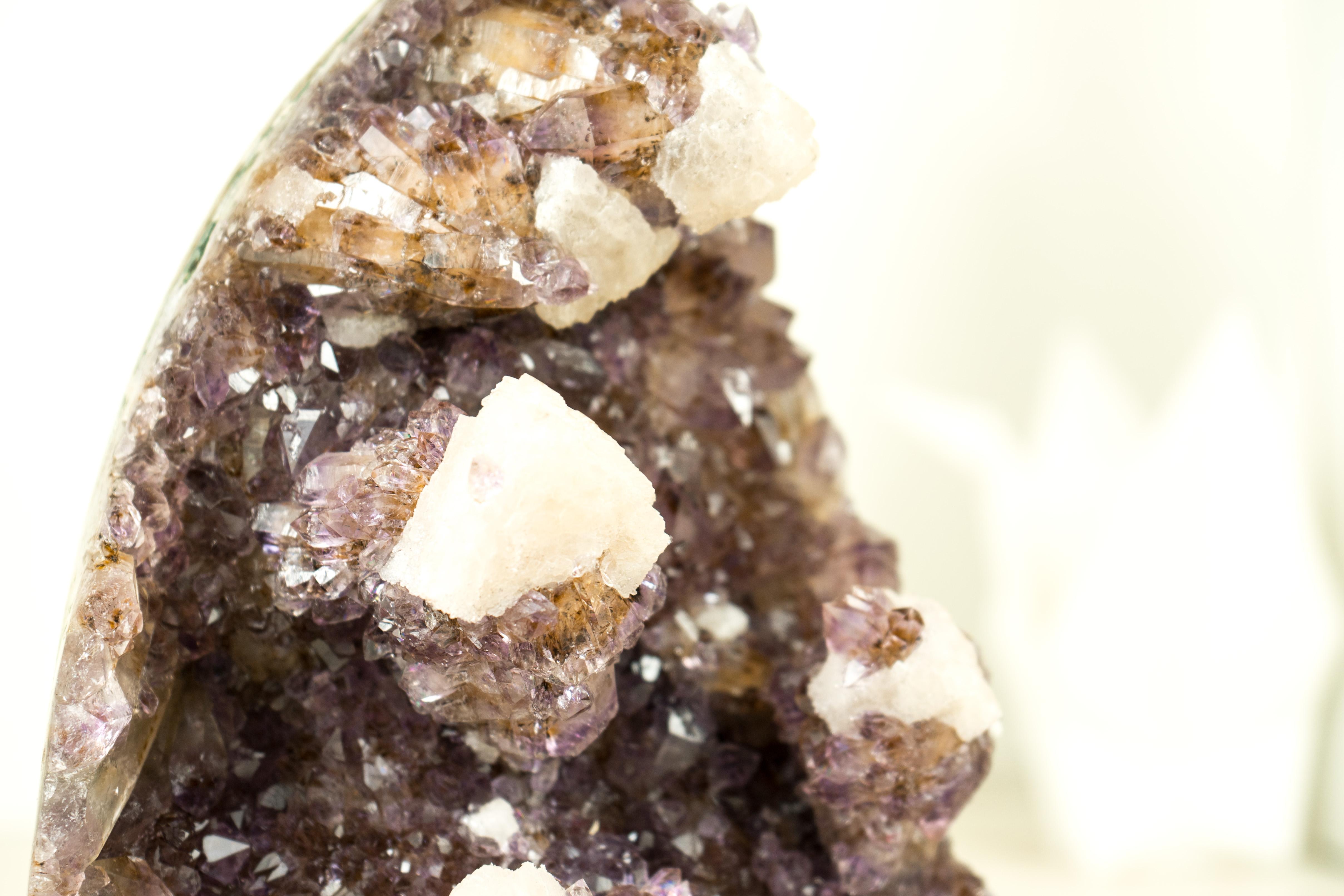 Contemporary Natural Uruguayan Amethyst Crystal Cluster with Calcite, Cut Base, Hand Sculpted For Sale