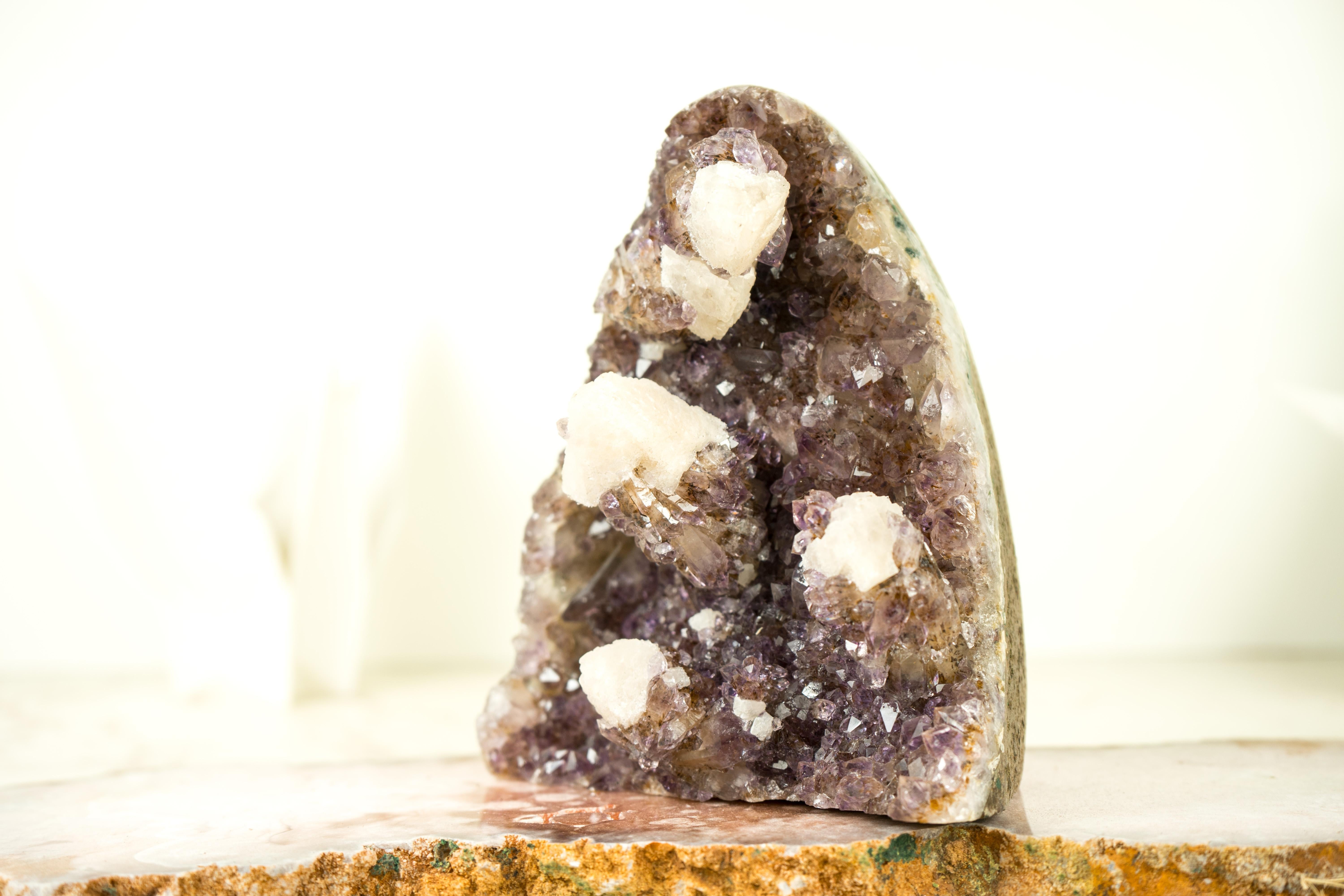 Agate Natural Uruguayan Amethyst Crystal Cluster with Calcite, Cut Base, Hand Sculpted For Sale