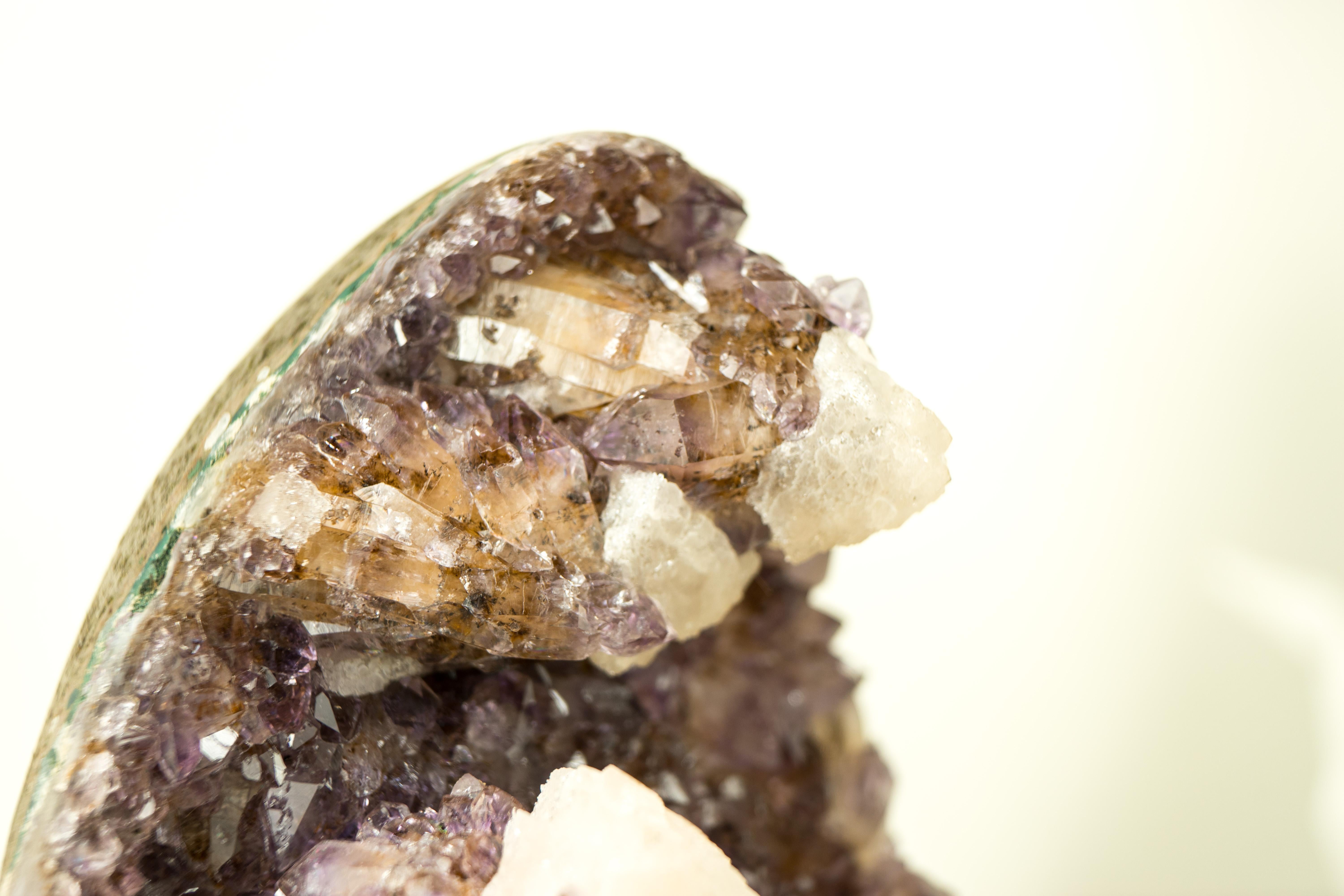 Natural Uruguayan Amethyst Crystal Cluster with Calcite, Cut Base, Hand Sculpted For Sale 2
