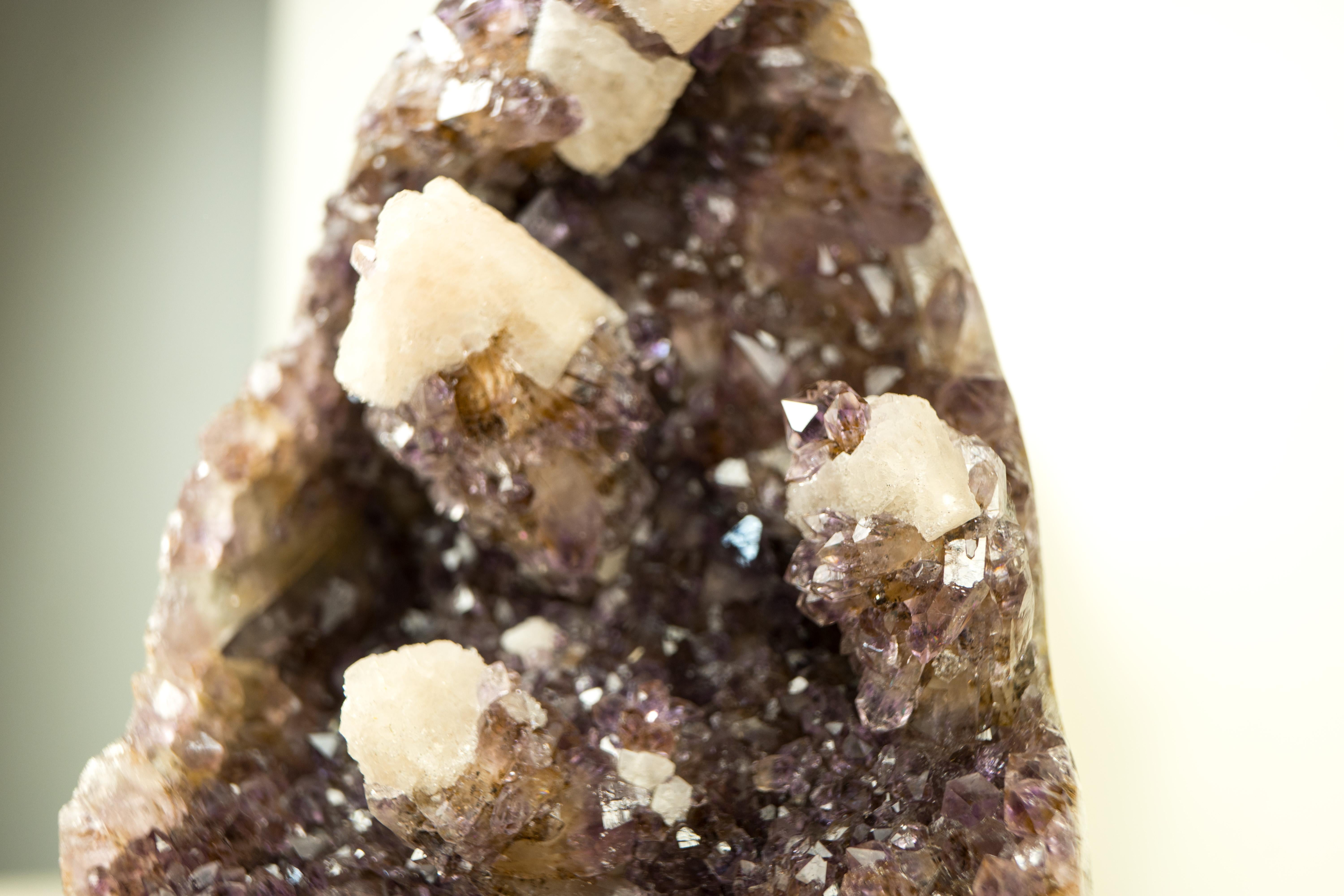 Natural Uruguayan Amethyst Crystal Cluster with Calcite, Cut Base, Hand Sculpted For Sale 3