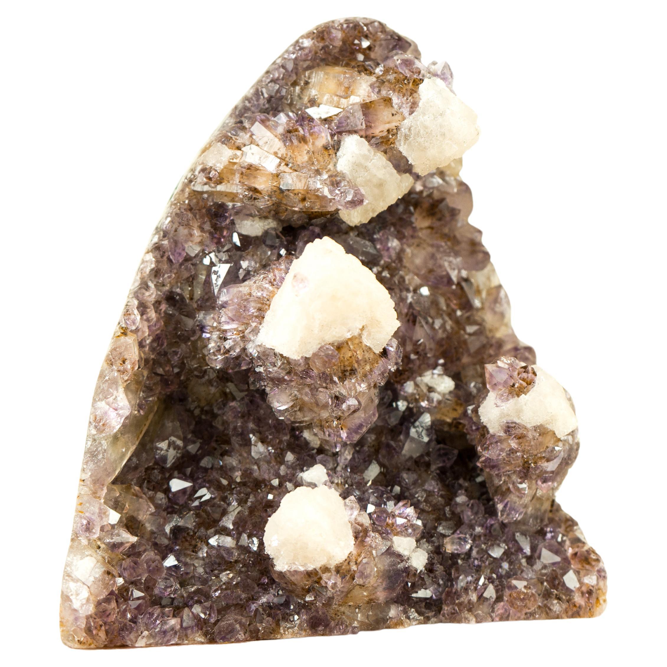 Natural Uruguayan Amethyst Crystal Cluster with Calcite, Cut Base, Hand Sculpted For Sale