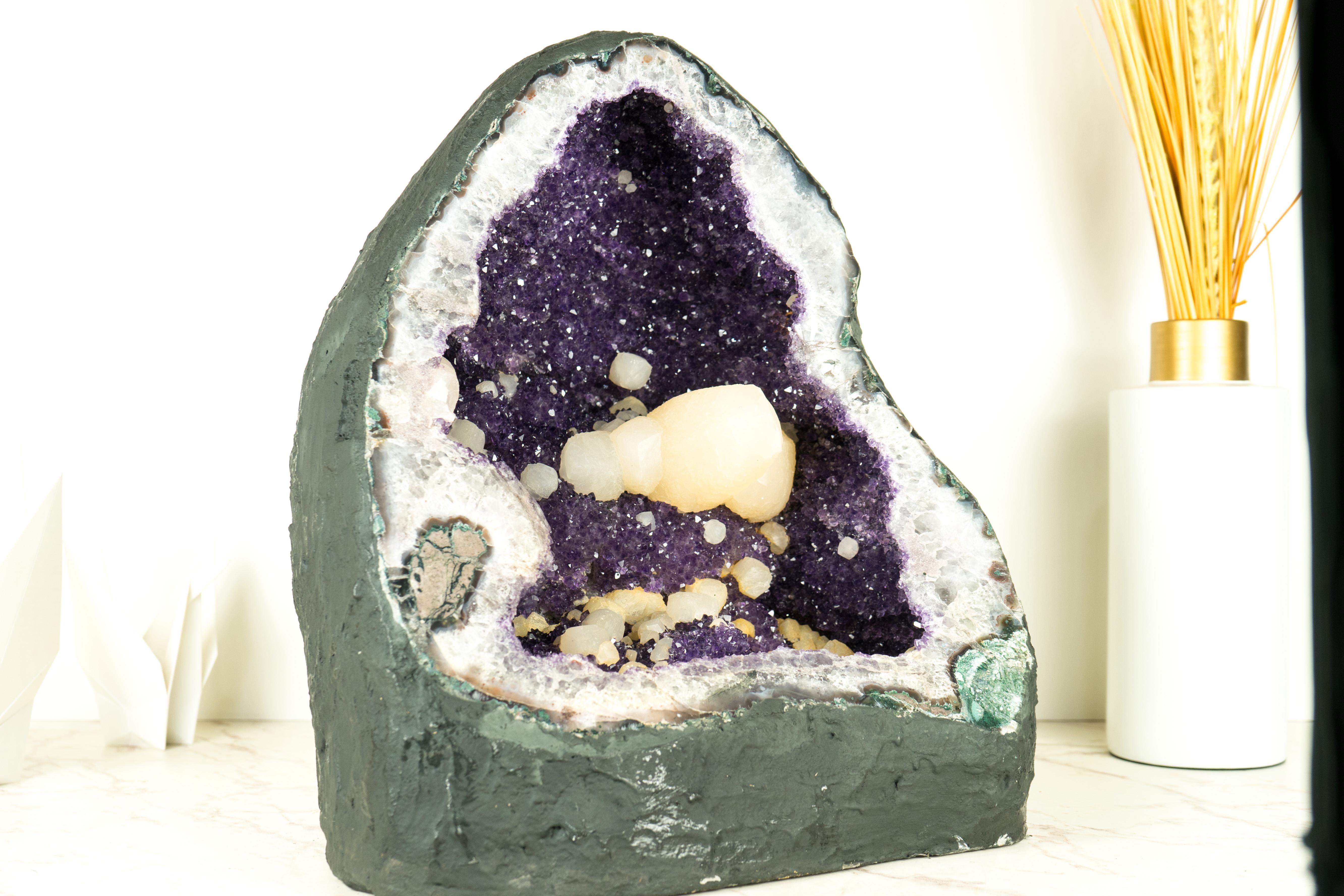 A Uruguayan Amethyst Geode Masterpiece: A Rarely Seen Fusion of Perfect Calcite with Sparkly Purple Amethyst Druzy

▫️ Description

Renowned worldwide for their exceptional beauty, Uruguayan geodes rank as some of the most exquisite amethyst