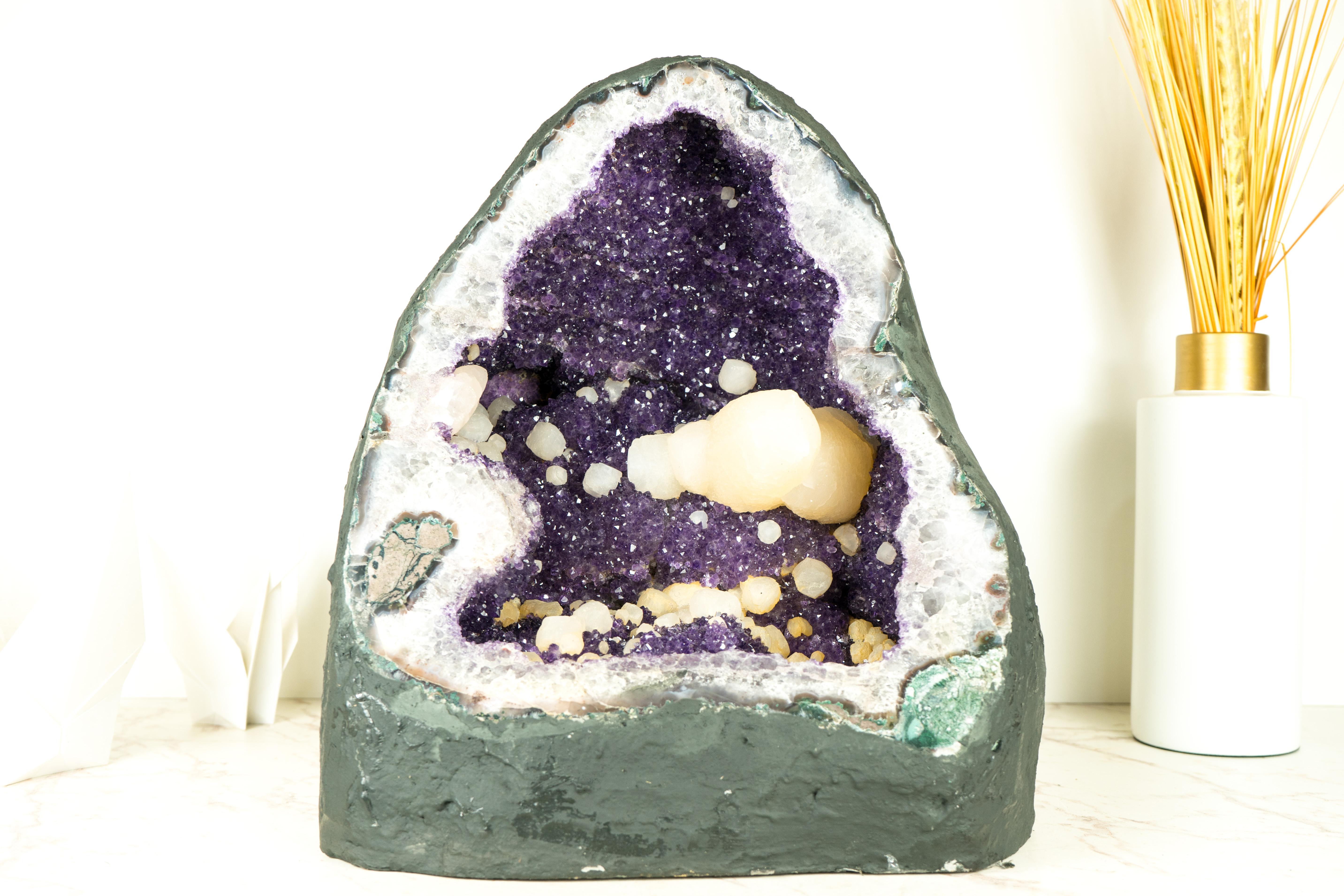 Brazilian Natural Uruguayan Amethyst Geode with Rare Calcite and Sparkly Purple Amethyst For Sale