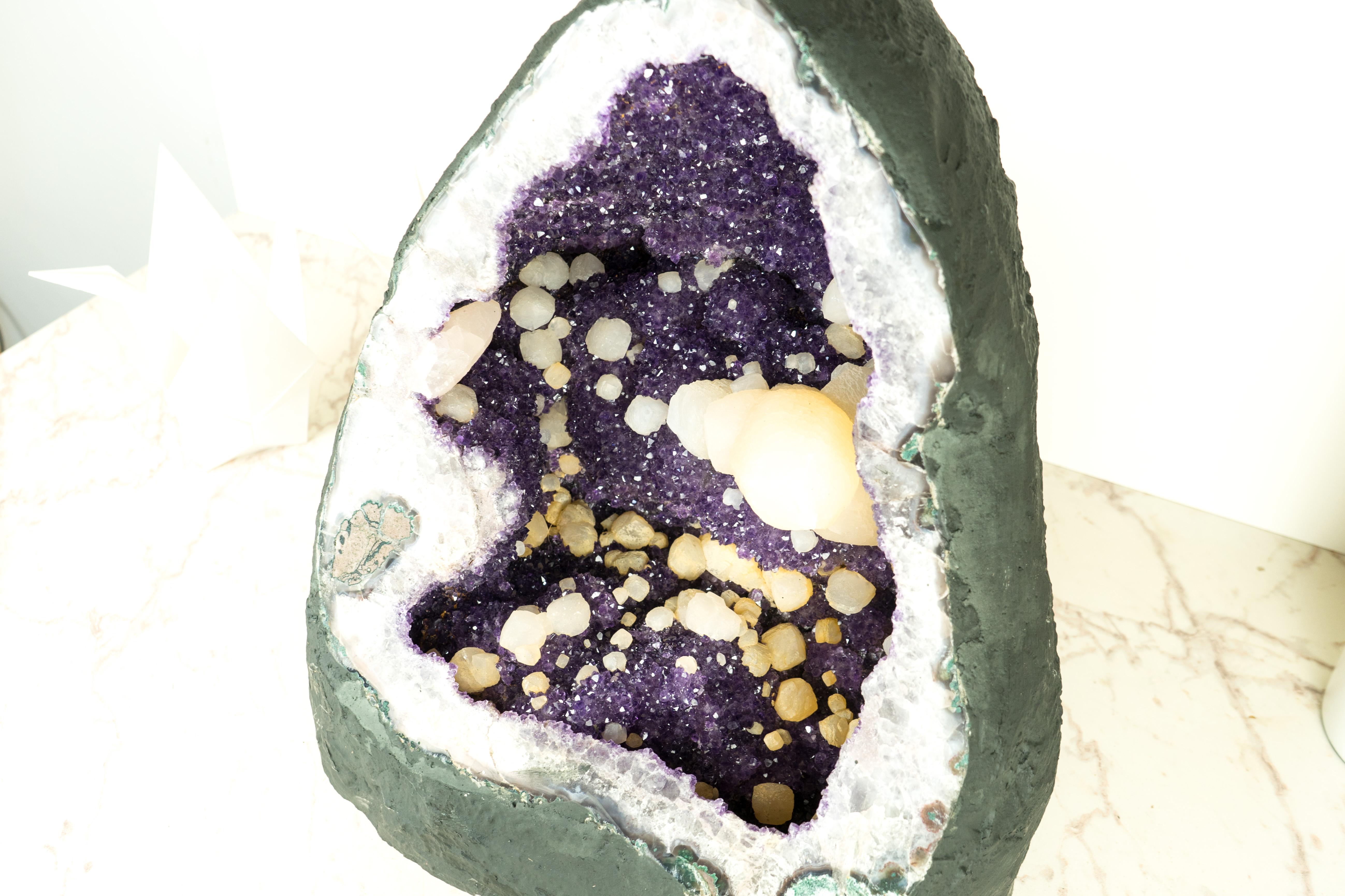 Contemporary Natural Uruguayan Amethyst Geode with Rare Calcite and Sparkly Purple Amethyst For Sale