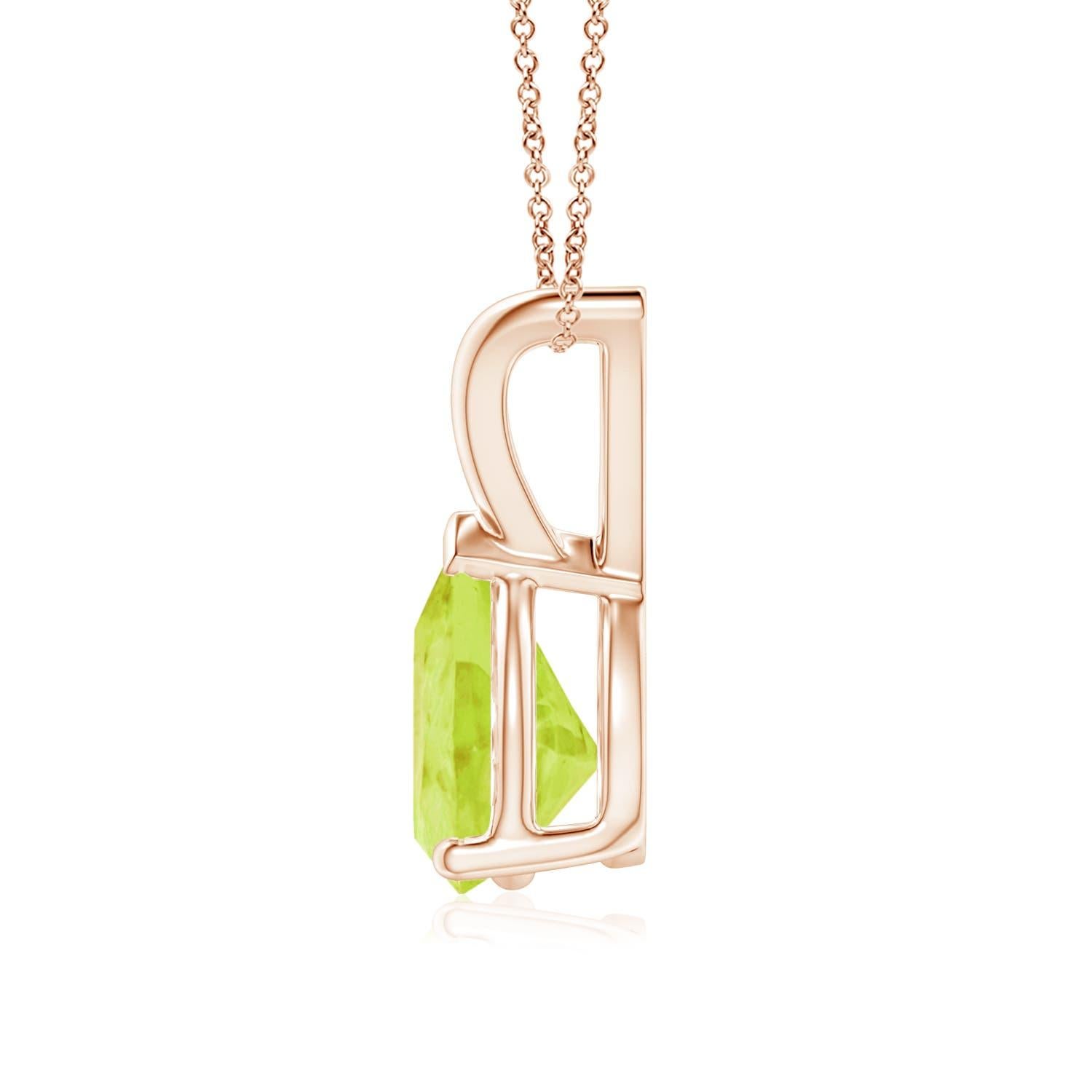 Questo classico ciondolo solitario con peridoto in oro rosa 18 carati è elegante con il suo design minimalista. Legato a una lucida balla a V, il magnifico peridoto a forma di pera affascina con la sua tonalità giallo-oro. L'incastonatura a tre