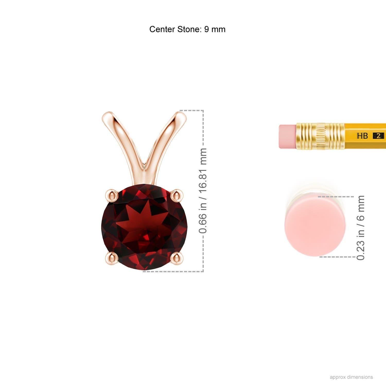 Crafted in 14k rose gold, this classic solitaire garnet pendant enthralls with its feminine charm. Linked to a lustrous v-bale is a four-prong set garnet that mesmerizes with its intense red hue.