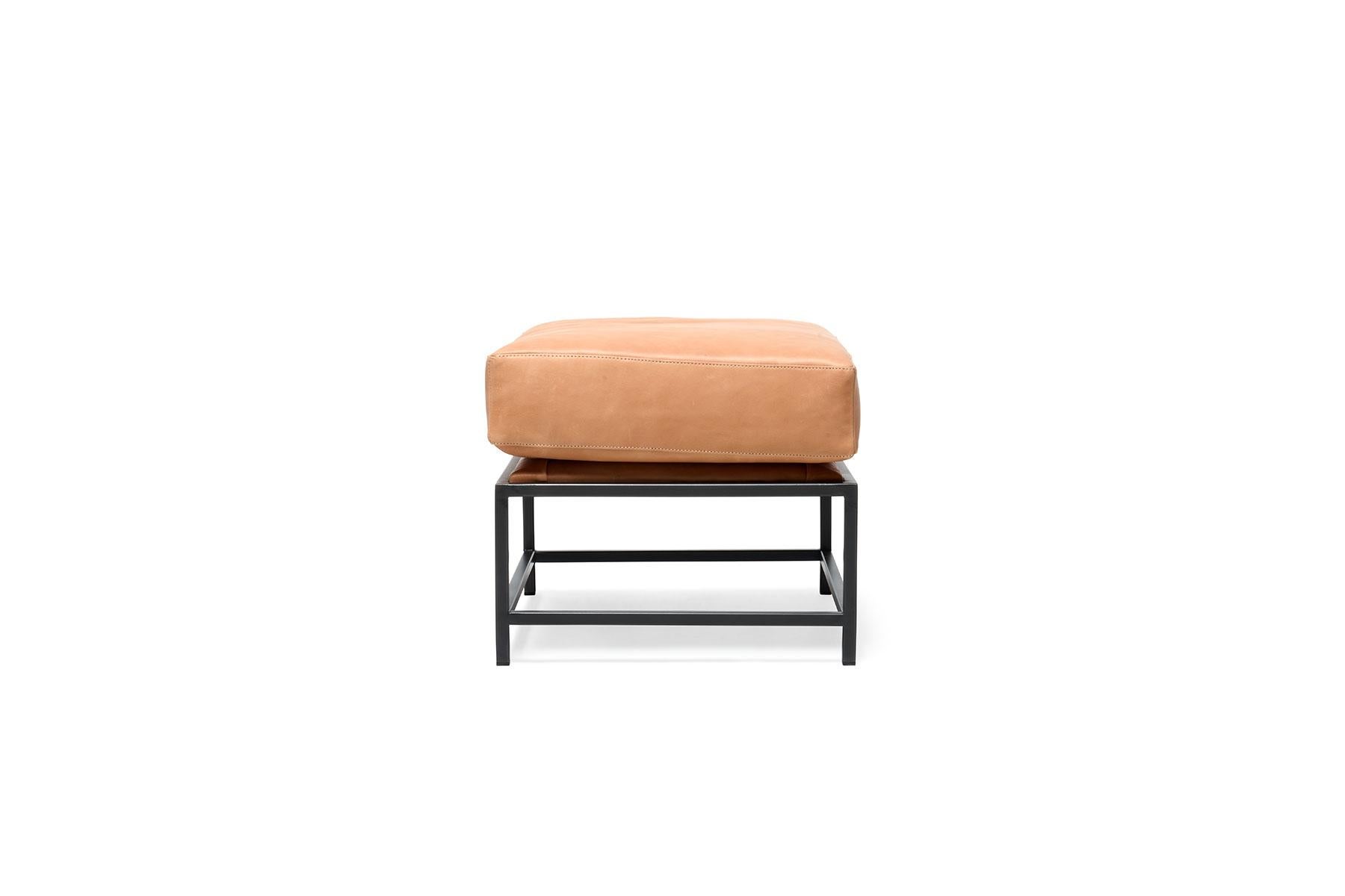 Modern Natural Veg Tan Leather and Blackened Steel Ottoman For Sale