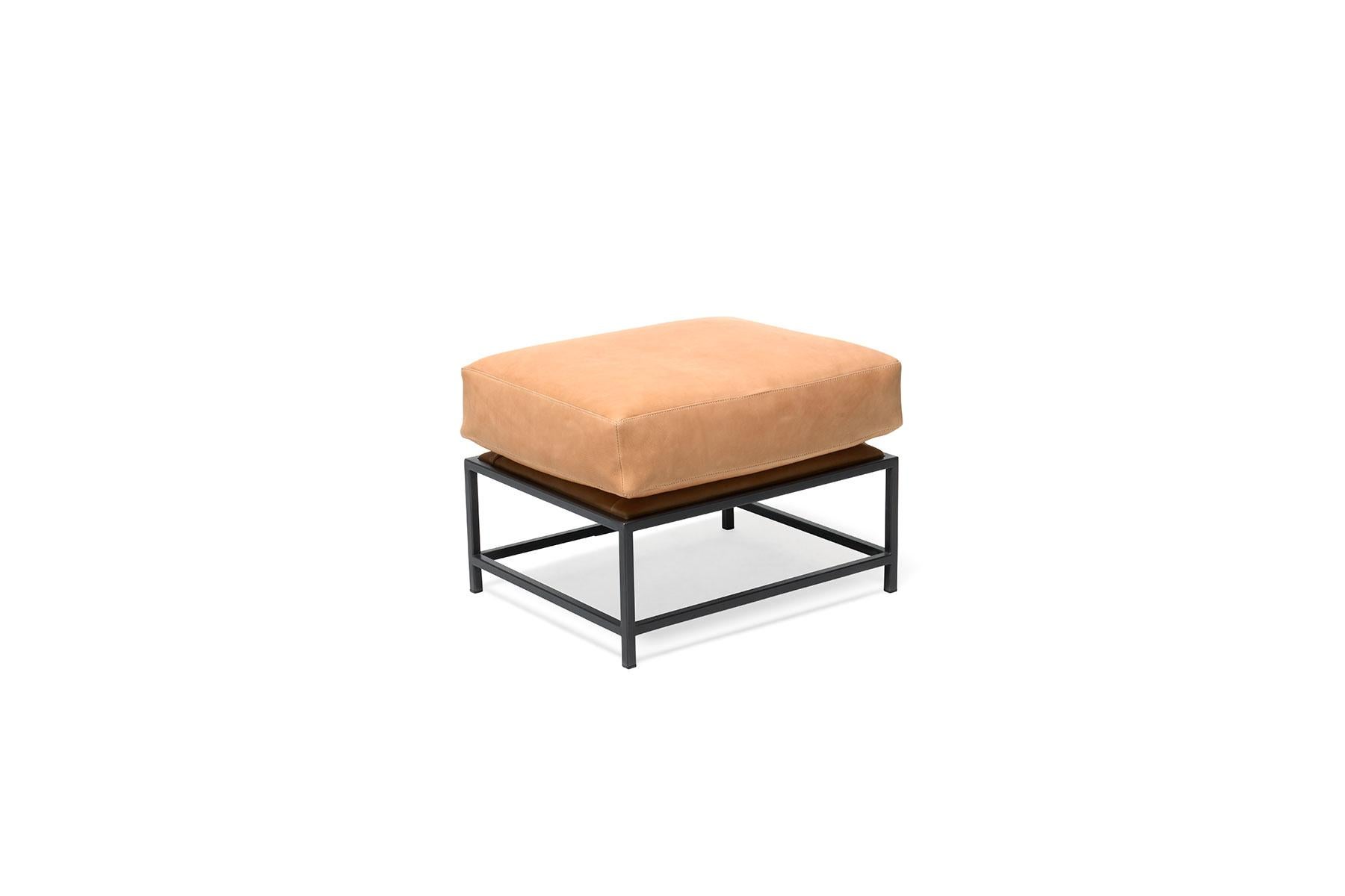 Welded Natural Veg Tan Leather and Blackened Steel Ottoman For Sale