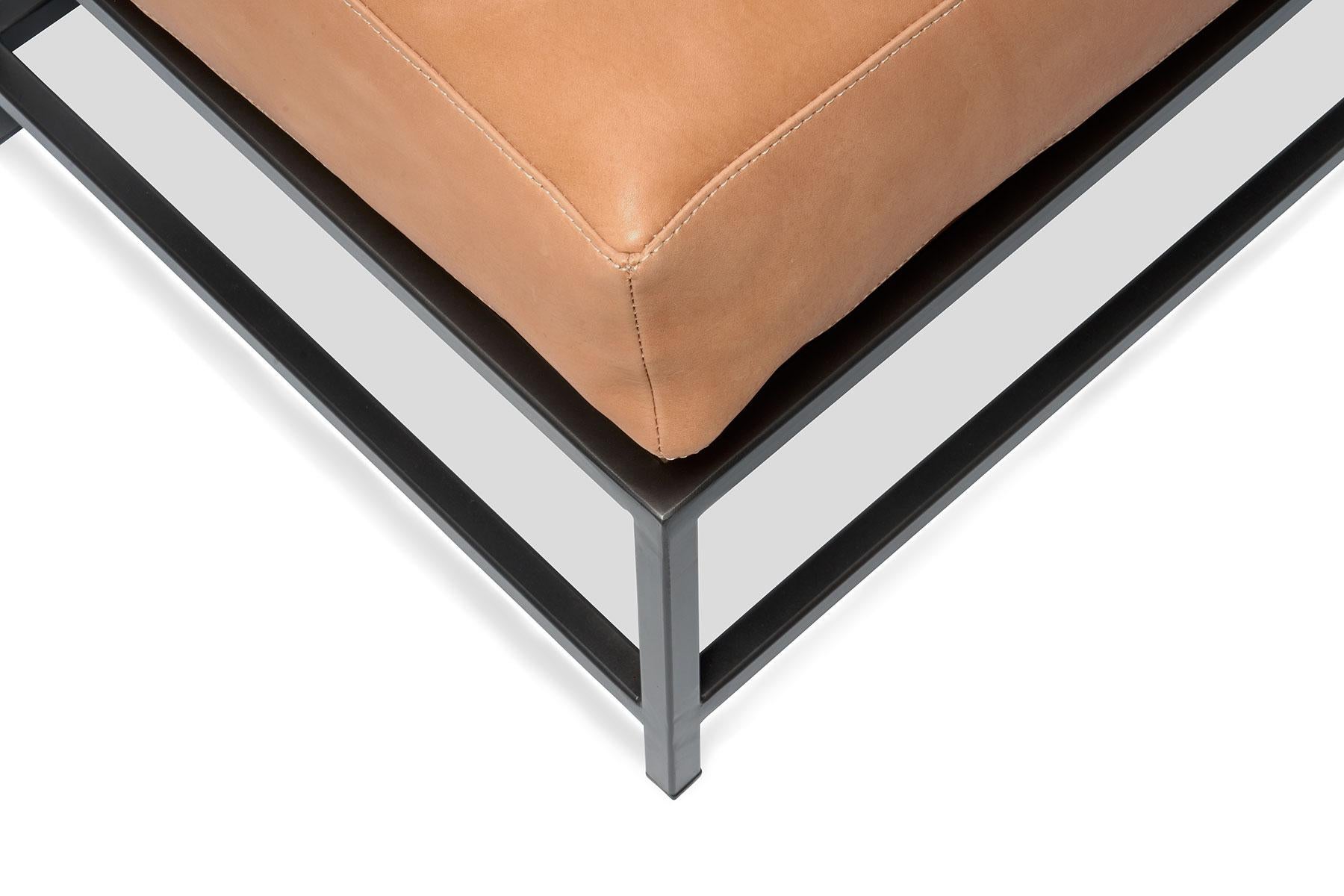 Contemporary Natural Veg Tan Leather and Blackened Steel Ottoman For Sale
