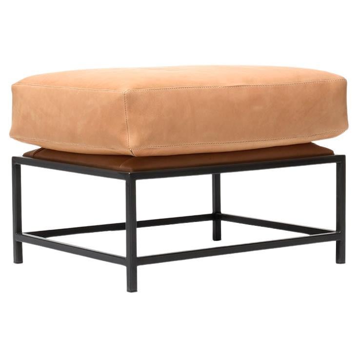 Natural Veg Tan Leather and Blackened Steel Ottoman For Sale