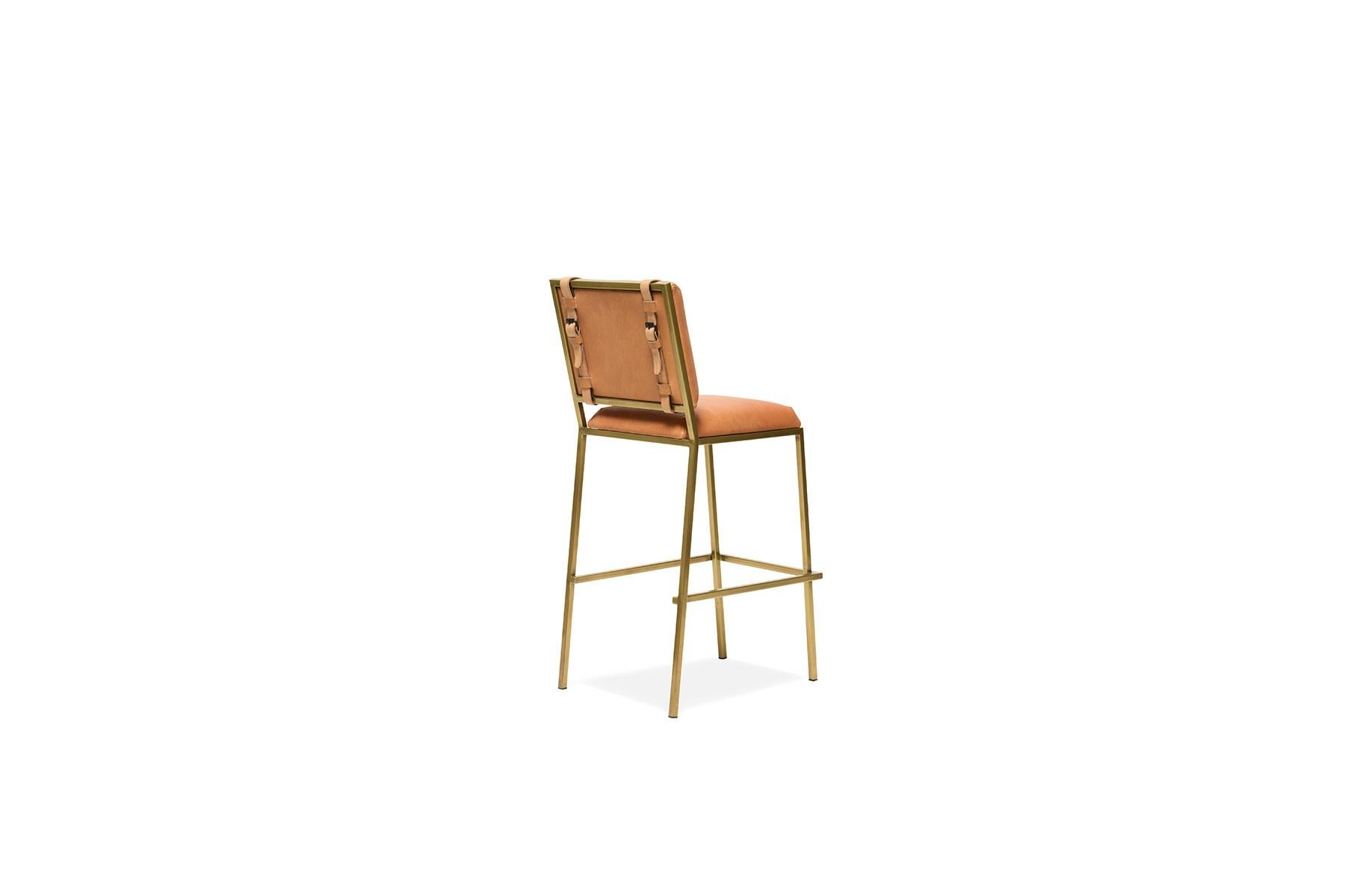 Welded Natural Veg Tan Leather & Antique Brass Barstool For Sale