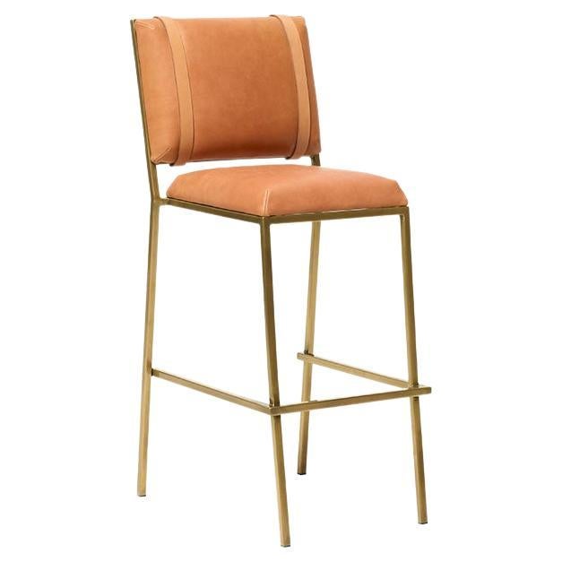 Natural Veg Tan Leather & Antique Brass Barstool For Sale