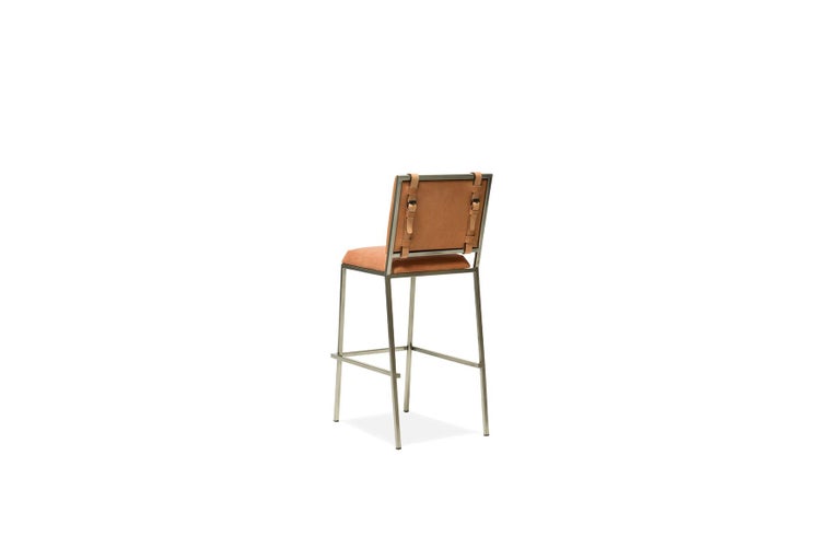 Natural Veg Tan Leather and Antique Nickel Barstool For Sale at 1stDibs