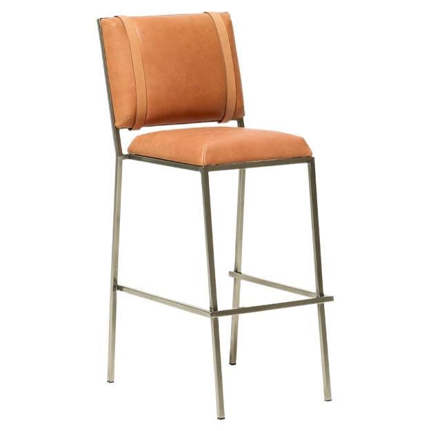 Tabouret de bar en cuir naturel brun pâle et nickel d'antiquités