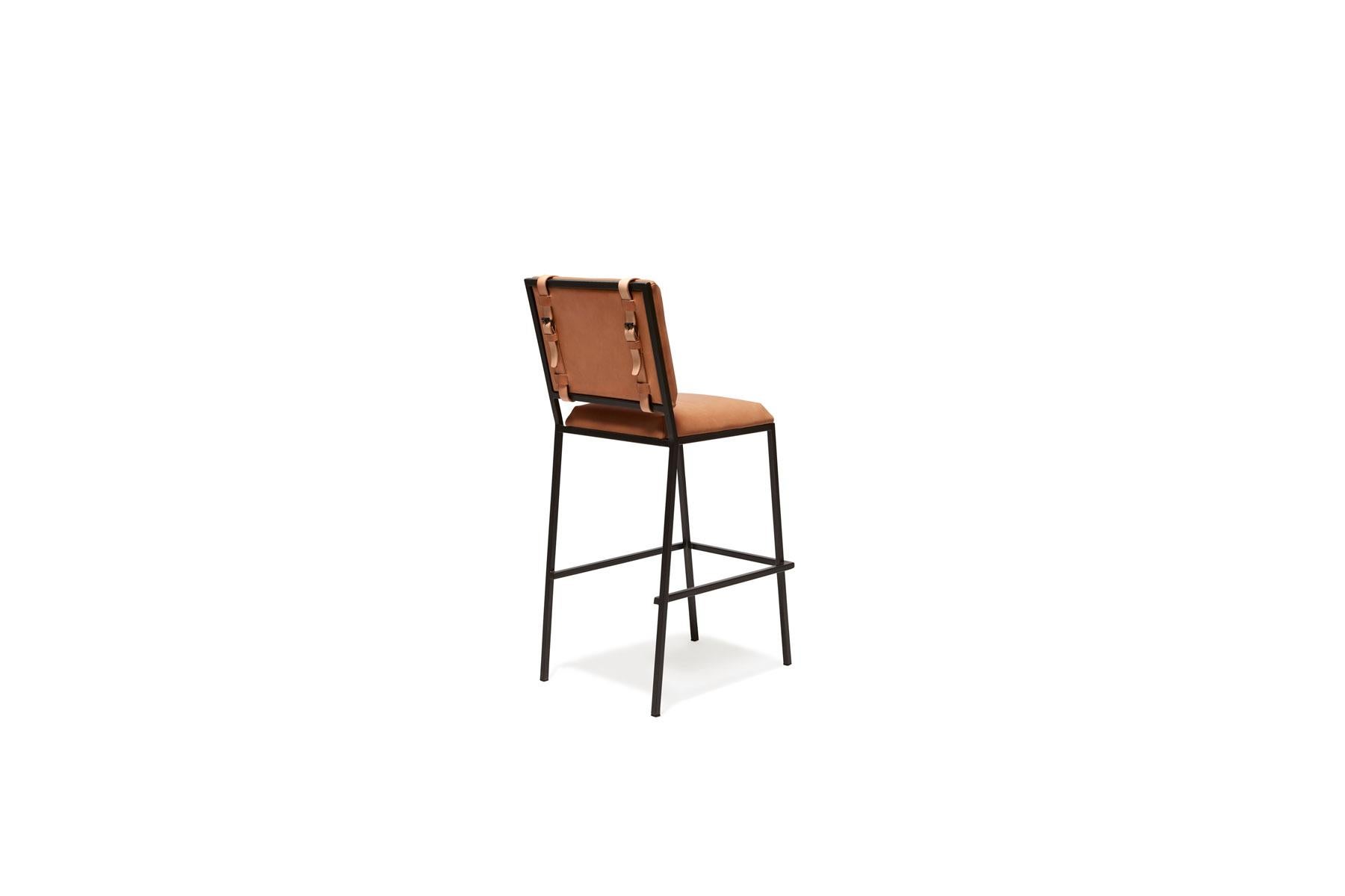 North American Natural Veg Tan Leather & Blackened Steel Barstool For Sale