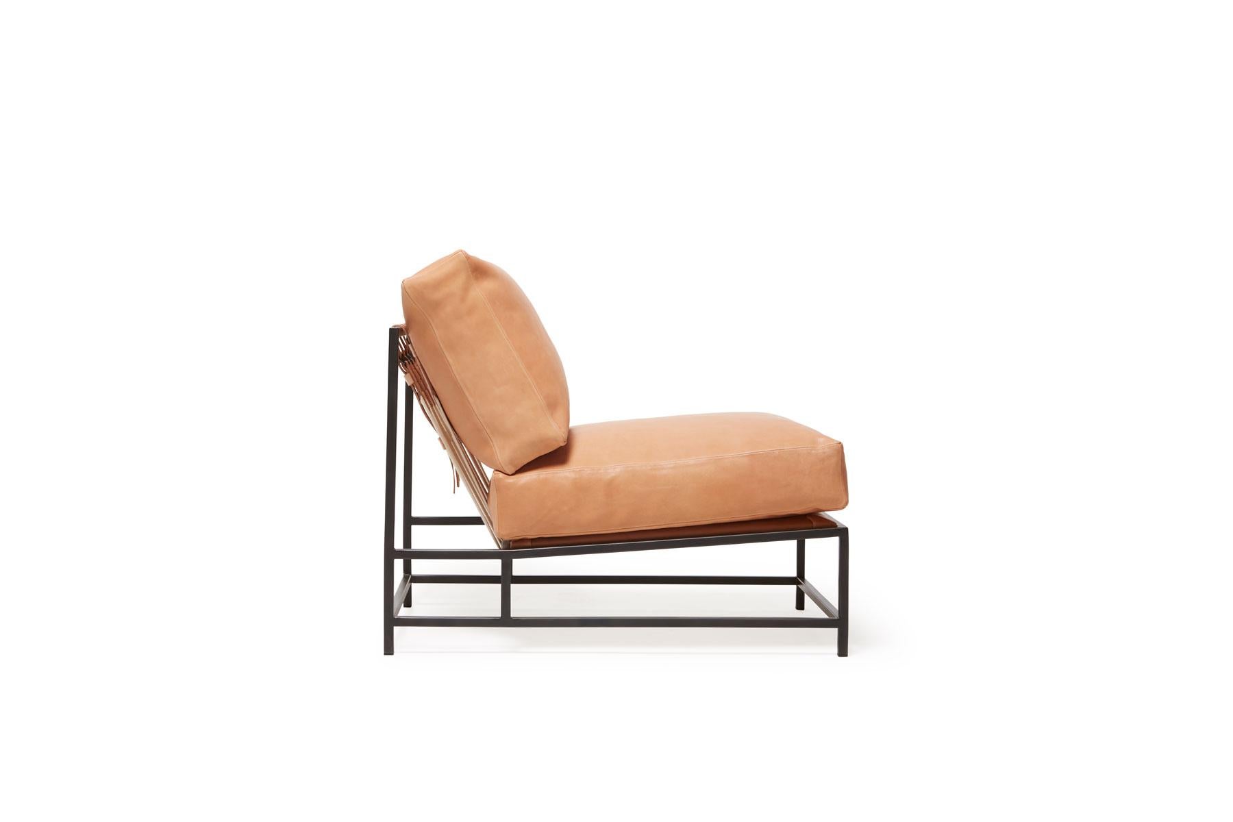 Modern Natural Veg Tan Leather & Blackened Steel Chair For Sale