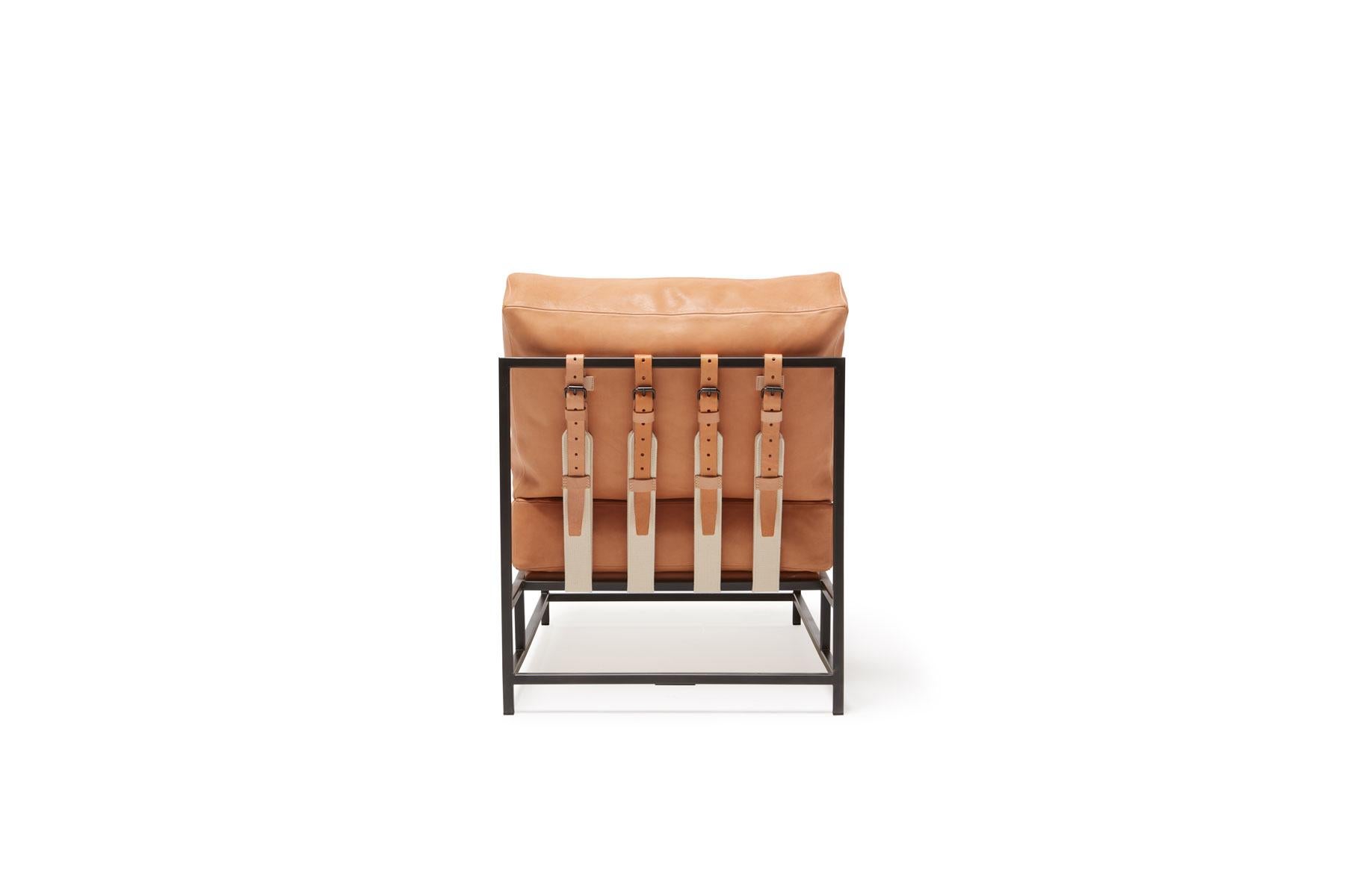 Contemporary Natural Veg Tan Leather & Blackened Steel Chair For Sale