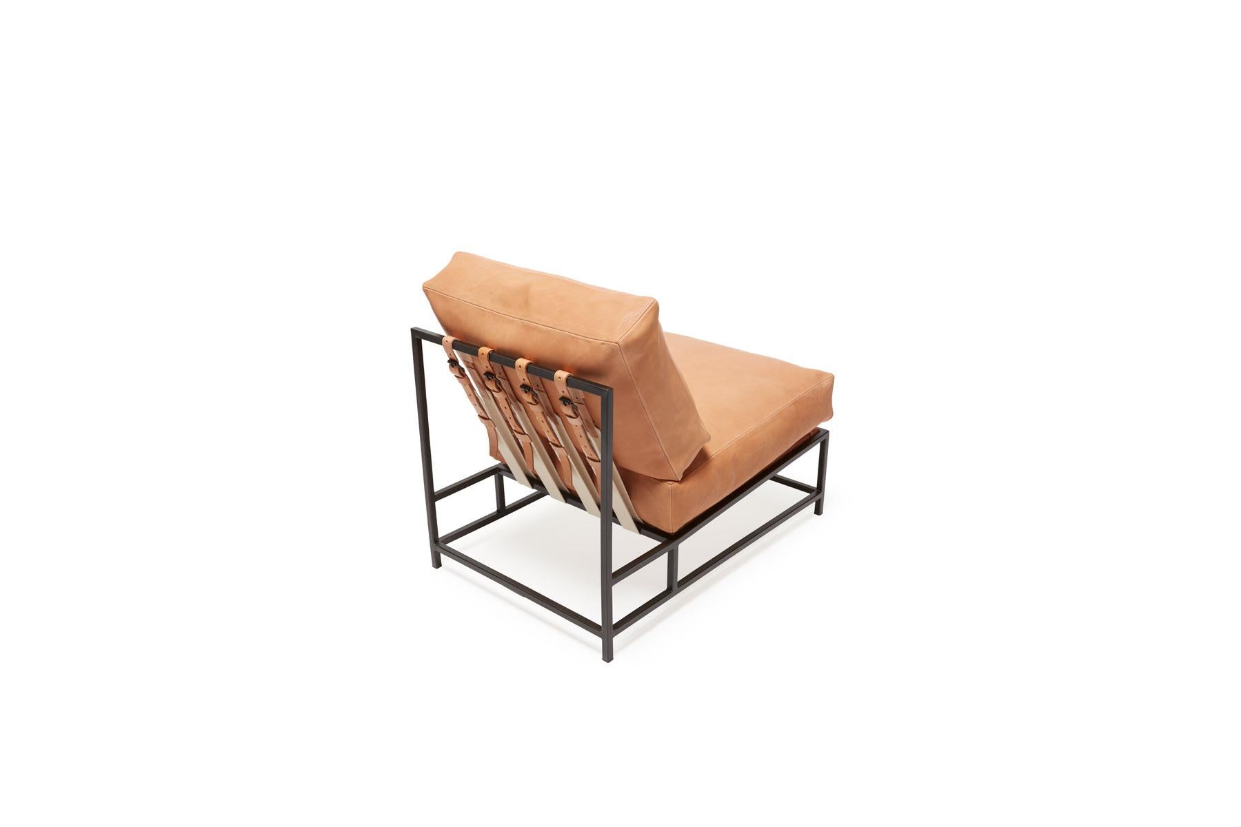 Contemporary Natural Veg Tan Leather & Blackened Steel Chair For Sale