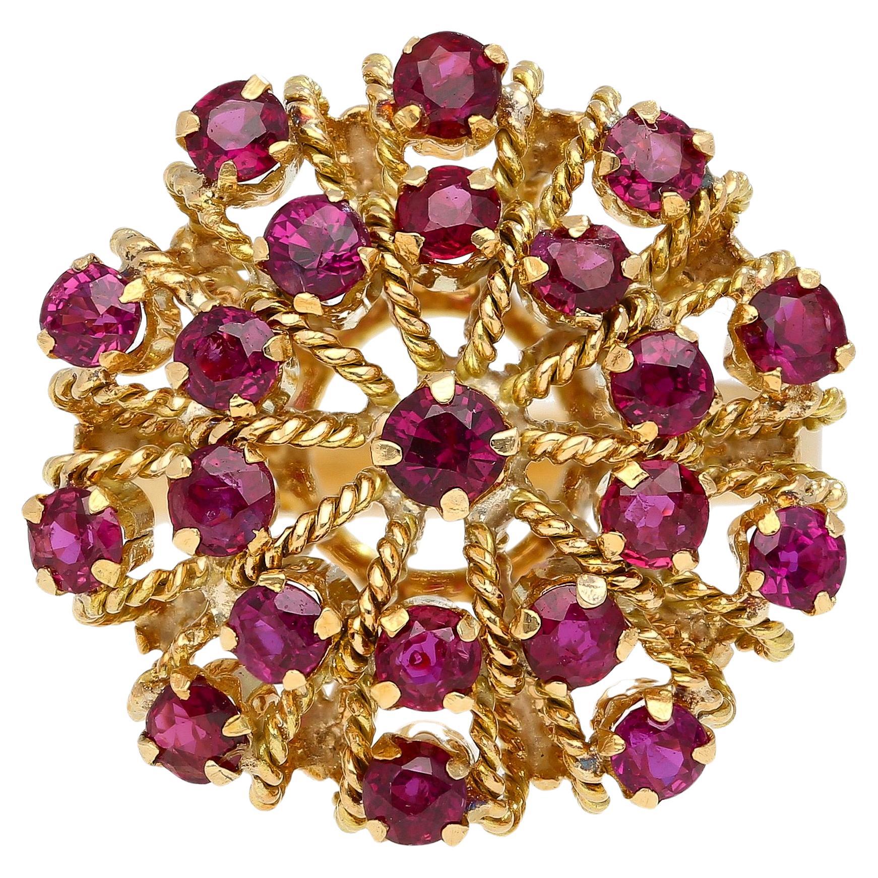 Natural Vintage Circa 1970's 2.50 CTTW Ruby Ring in "Rope" Motif 14K Yellow Gold For Sale