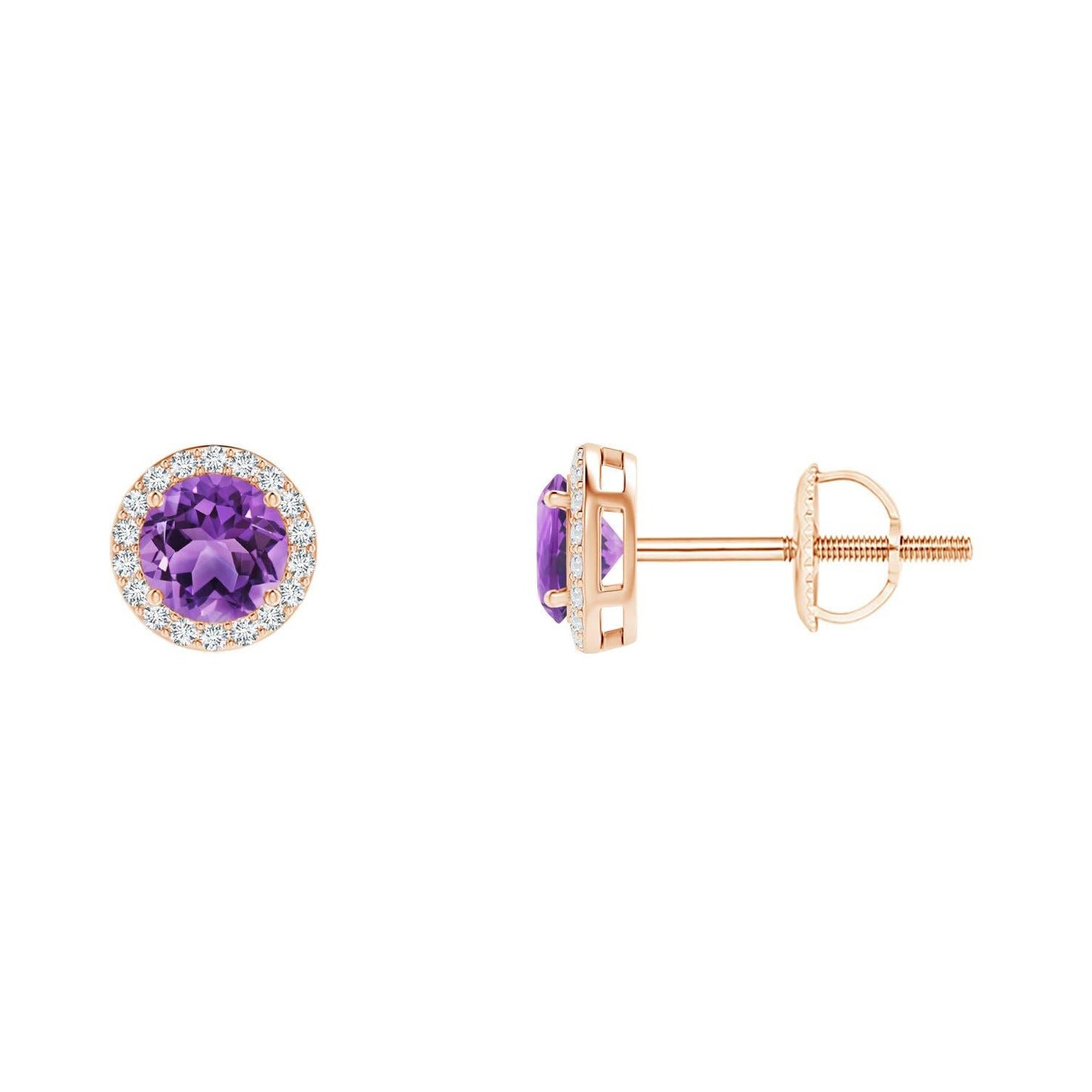 Natürliche Vintage Runde 0,50 Karat Amethyst-Halo-Ohrstecker aus 14 Karat Roségold im Angebot