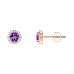 Boucles d'oreilles en or rose 14 carats : Nature Vintage Round 0.50ct Amethyst Halo Stud Ears
