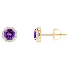 Pendientes de oro amarillo de 14 quilates con aureola de amatista natural vintage redonda de 0,50 ct