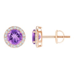 Pendientes de oro rosa de 14 quilates con aureola de amatista natural vintage redonda de 0,90 ct