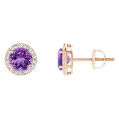 Pendientes de oro rosa de 14 quilates con aureola de amatista natural vintage redonda de 0,90 ct