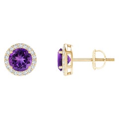 Natürliche Vintage Runde 0,90 Karat Amethyst-Halo-Ohrstecker aus 14 Karat Gelbgold