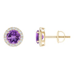 Clous d'oreilles vintage en or jaune 14 carats avec améthyste ronde de 0,90 carat