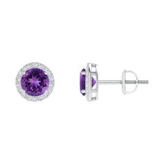 Boucles d'oreilles en platine avec améthyste ronde de 0,90 ct.