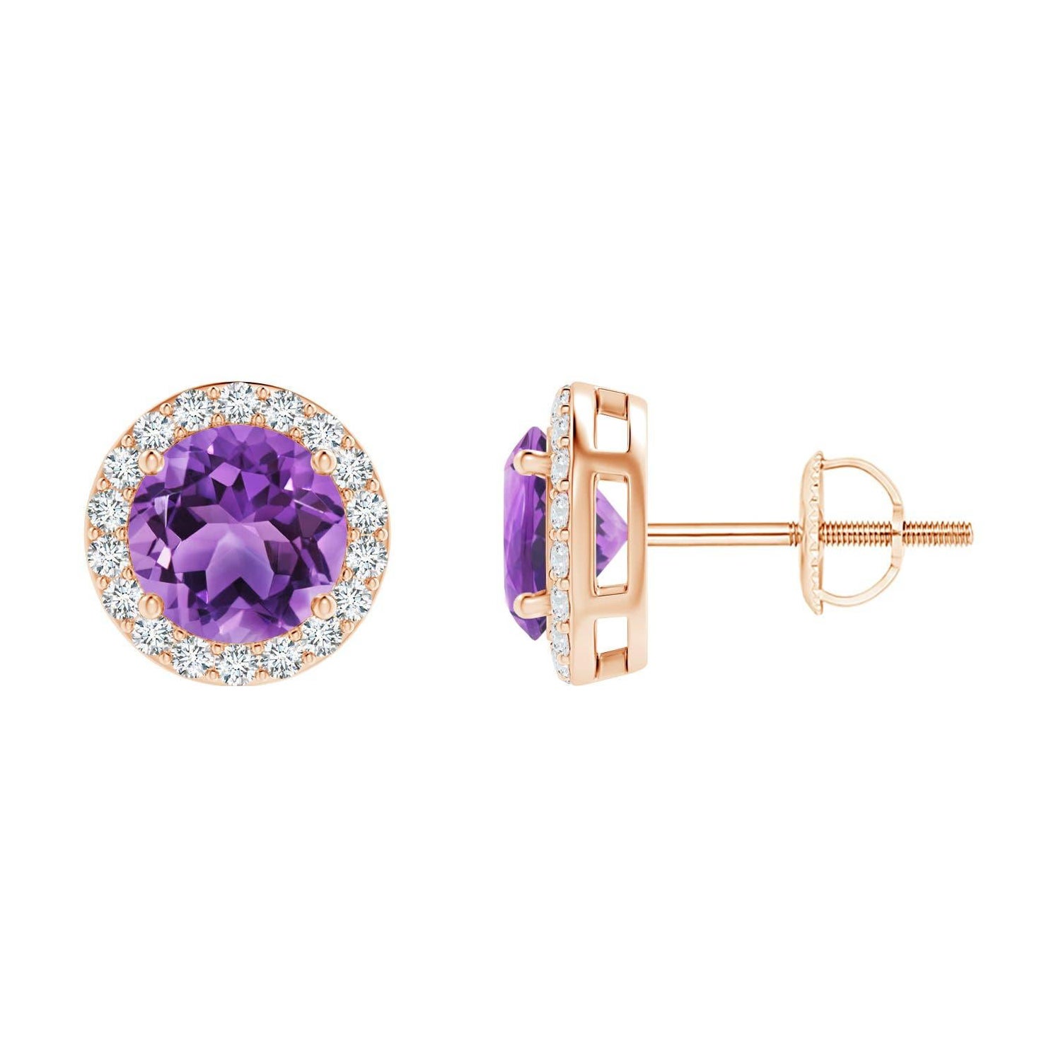 Pendientes de oro rosa de 14 quilates con aureola de amatista natural vintage redonda de 1,6 quilates en venta