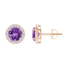Boucles d'oreilles halo en or rose 14 carats avec améthyste ronde de 1,6 ct Nature Vintage