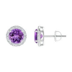 Boucles d'oreilles Halo en or blanc 14K - Nature Vintage Round 1.6ct Amethyst