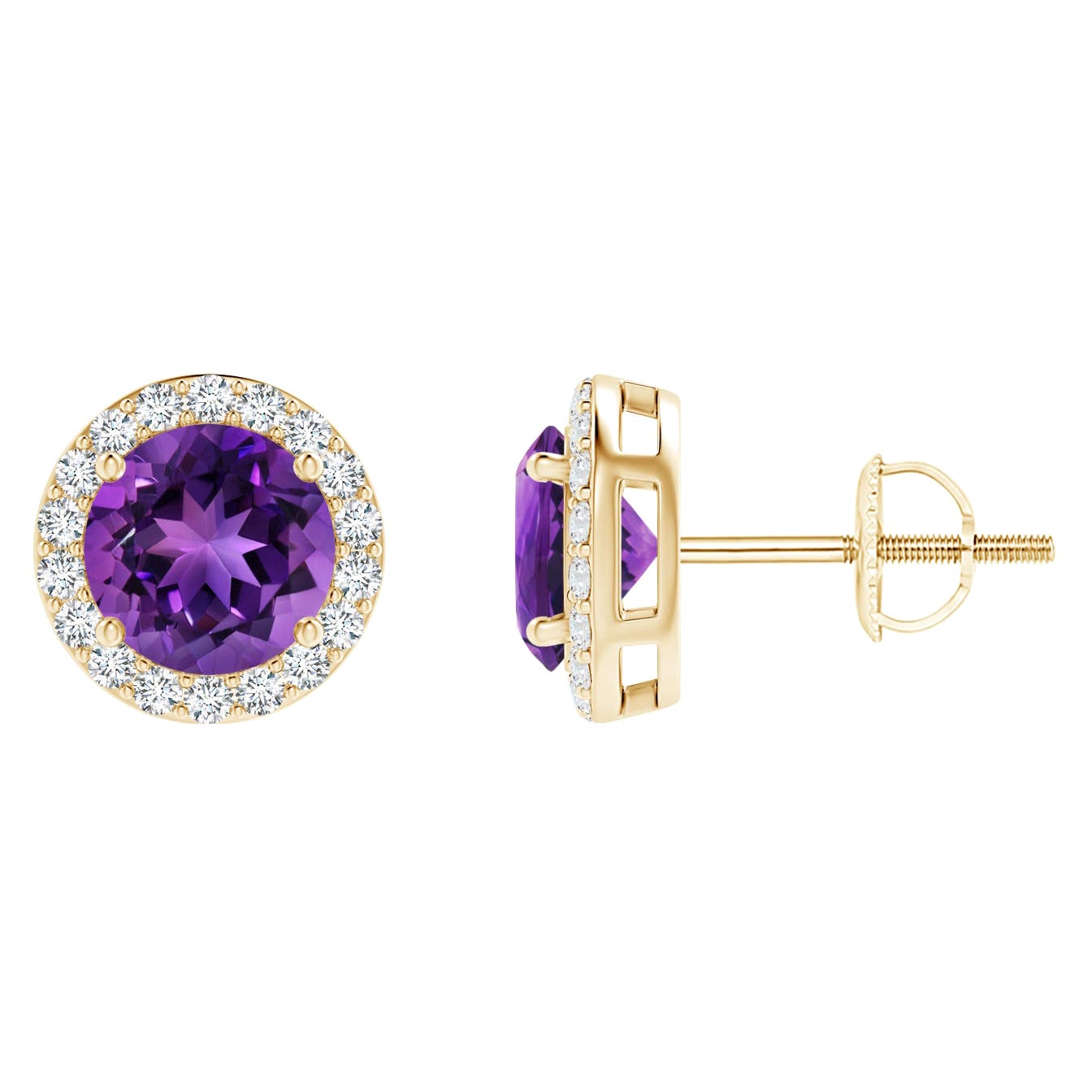 Natürliche natürliche Vintage Runde 1,6 Karat Amethyst-Halo-Ohrstecker aus 14K Gelbgold