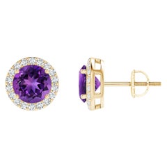Natürliche natürliche Vintage Runde 1,6 Karat Amethyst-Halo-Ohrstecker aus 14K Gelbgold